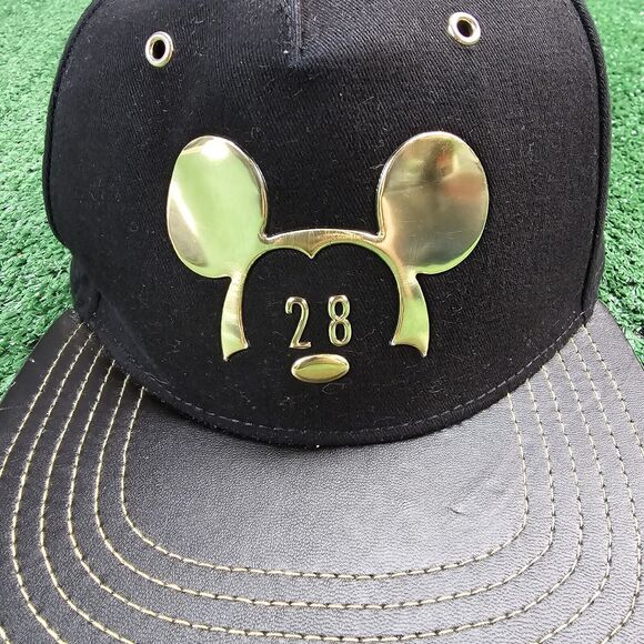 Disney Parks Black Hat Baseball Cap Gold Mickey Mouse 28 Millennial Faux Leather - Picture 3 of 10